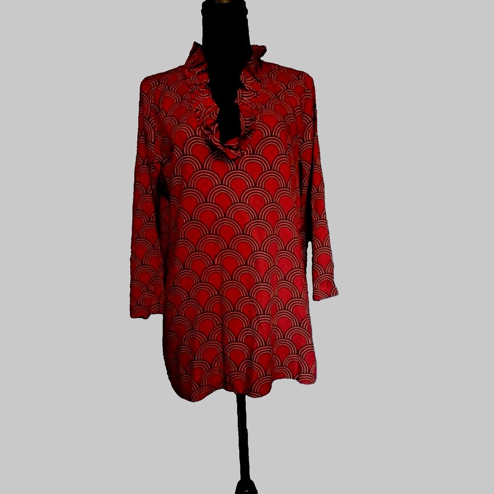 La Mer Luxe Cannes Crimson Black Ruffle Neck Long Sleeve Top Sz M NWT